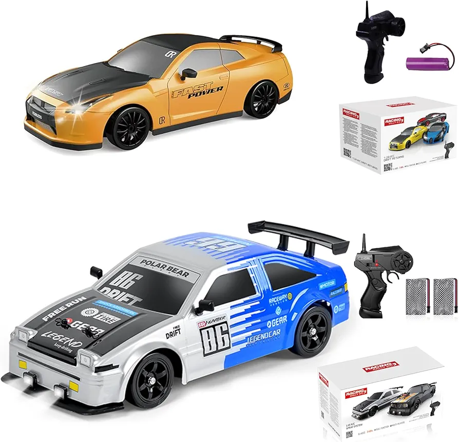 1:24 RC Drift Car 4WD 15KM/H + 1:16 RC Drift Car 4WD 18KM/H Speed Model Vehicle 2.4GHz with LED Lights Spray Rubber Tire Racing Sport Toy Car for Adults Boys Girls Kids Gift 2Pcs Rechargeable Batterie