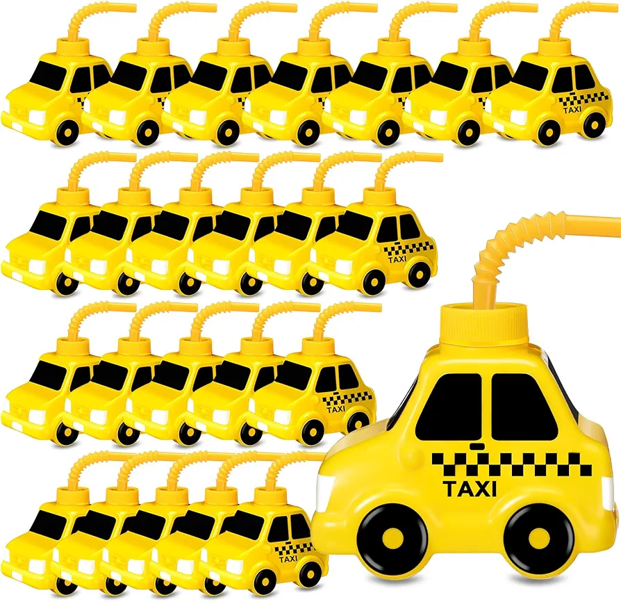 24 Set Taxi Car Cups with Straws for Vehicle Birthday Party Favor Gift Supplies,10oz Plastic Yellow Taxi Shape Cup Reusable Birthday Favor for Car Taxi Vehicle Birthday Party Decoration