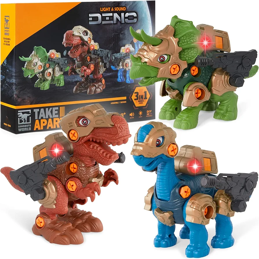 Best Choice Products Pack of 3 Toy Dinosaurs, 86-Piece Kids Take-Apart STEM Dinosaur Set w/Triceratops, T-Rex, Armor, Lights & Sounds, Movable Interchangeable Parts - Multicolor