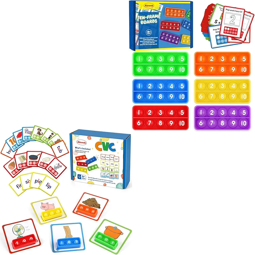 CVC Word Game,Phonics Games Flash Cards,Ten-Frame Math Manipulative for Elementary,Counting Number Math Games for Preschool Kindergarten Classroom Supplies Educational Toy Special Education