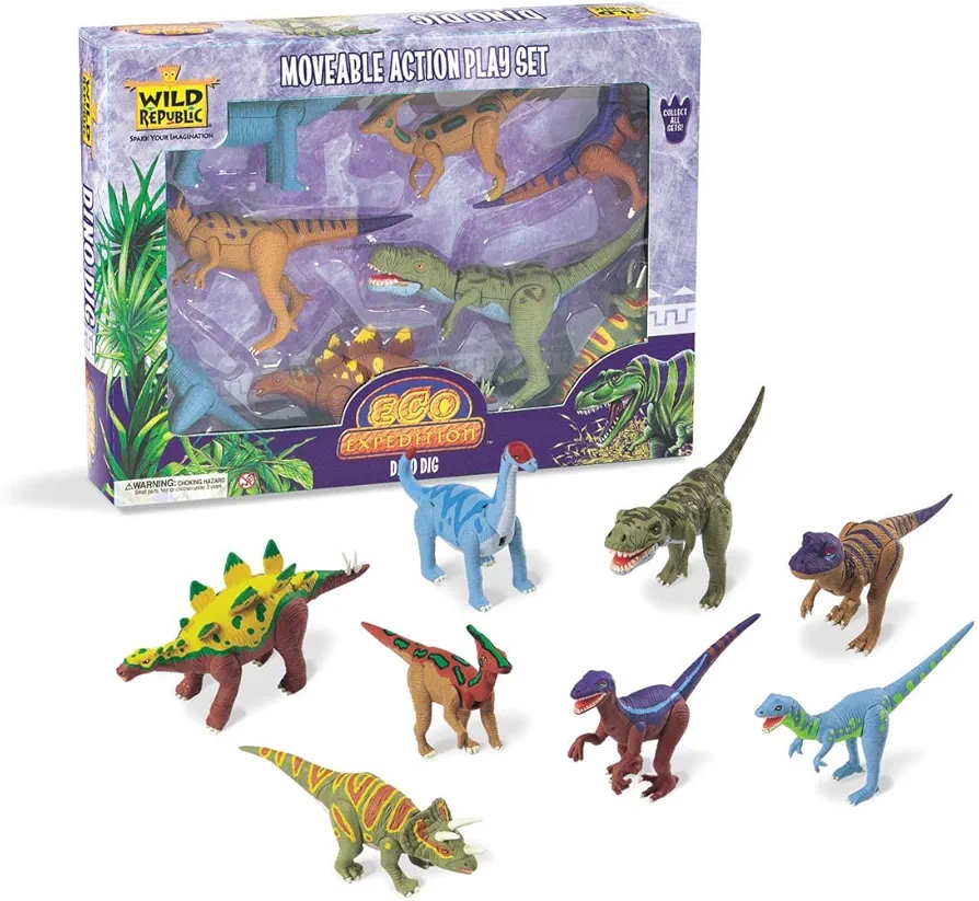 Wild Republic Dino Eco Expedition, T-Rex, Brachiosaurus, Parasaurolophus, Velociraptor, Allosaurus, Dilophosaurus, Stegosaurus, and Triceratops 8 piece Set