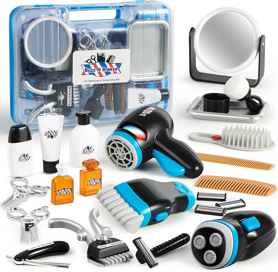 JOYIN Barber Shop Pretend Play Toy, 23 Pcs Kids Shaving Kit for Boys, Haircut Kit for Boys 3+ Year Old Birthday Gift, Upgraded Toddler Play Set with Storage Box for Role Play