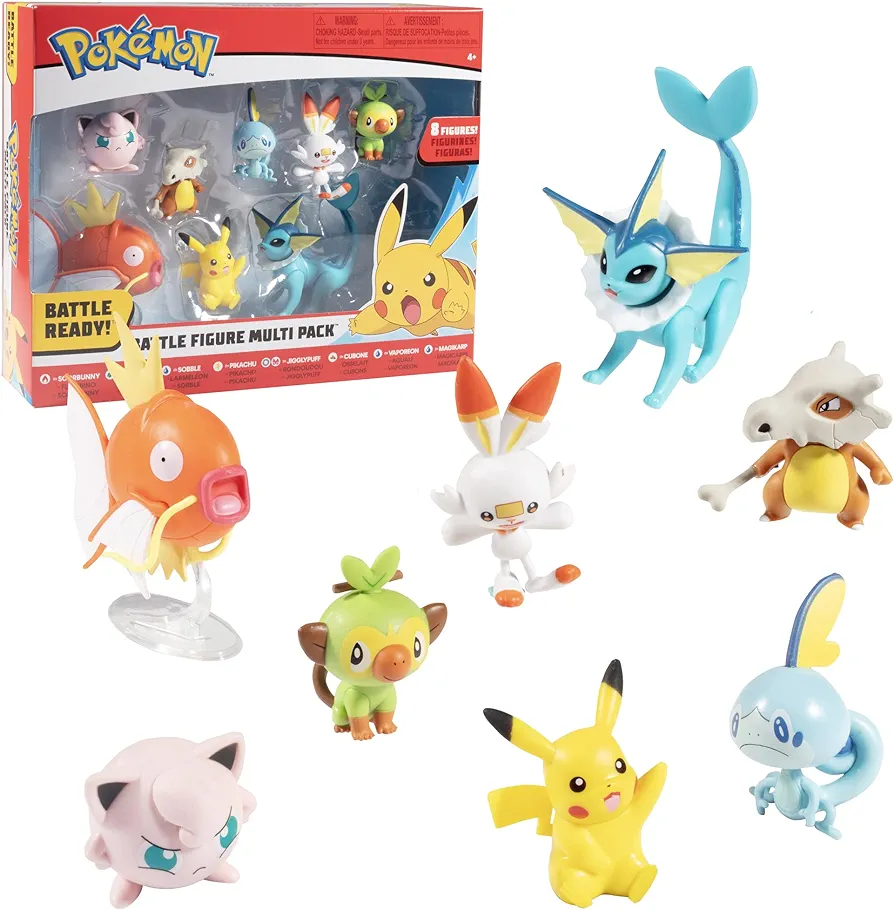 Pokemon Battle Ready! Figure Set, 8 Pieces - Playset with 2 & 3 inch Figures Pikachu, Scorbunny, Grookey, Sobble, Jigglypuff, Cubone, Vaporeon & Magikarp - Gift for Kids, Boys, Girls - Ages 4+