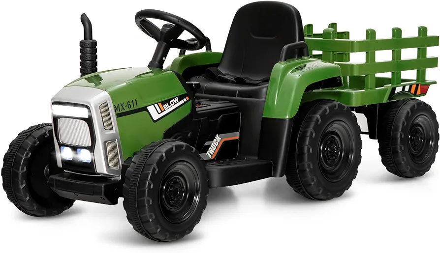 Costzon Ride on Tractor with Detachable Trailer, 12V Kids' Electric Vehicles w/3-Gear-Shift Ground Loader, Wireless Design & USB, 7 LED Headlights, Remote Control Tractor Toy for Kids 3+ (Dark Green)