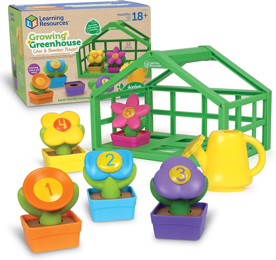 Learning Resources Growing Greenhouse Color and Number Eco Friendly Playset - Preschool Learning Toys, Fine Motor Skills Toys for Kids Flower Garden Toy Ages 18+ Months