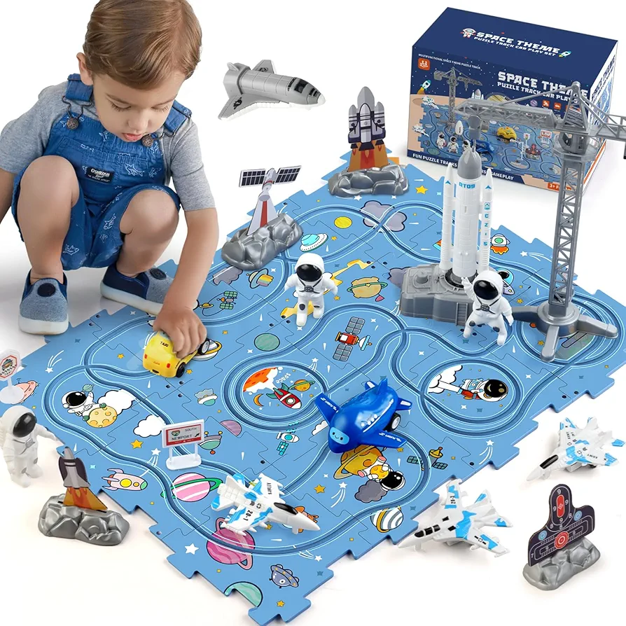 Tracks Car Toys Gifts for 3 4 5 Year Old Boys Kids,32 PCS Space Jigsaw Puzzle Racer Car Track Set with 2 Railcars,Space Rocket Models and Astronauts,Toys for Kids Boys Toddlers 3-5 4-6…