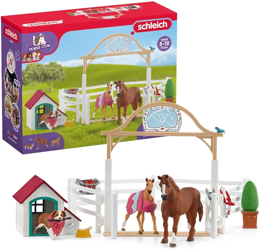 Schleich Horse Club — Hannah's Guest Horses Playset, 20-Piece Horse Stable Toy Set Including Mare, Foal, Hannah Doll and Dog Figurine, Horse Toys for Girls and Boys Ages 5+