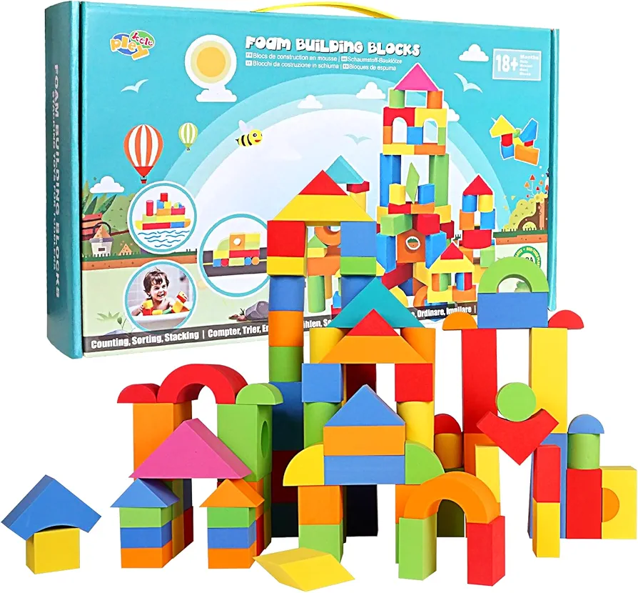 Soft Building Blocks for Toddlers 2-4, 94PCS Foam Stacking Blocks Toys, Bath Toys for Kids, Preschool Learning STEM Toys & Gifts for Boys & Girls 18+ Months