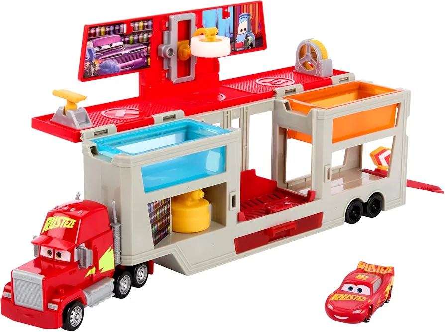 Mattel Disney Pixar Cars Transforming Truck & Toy Car Playset, Color Changers Paint Shop Mack with Detachable Cab, Lightning McQueen & Accessories