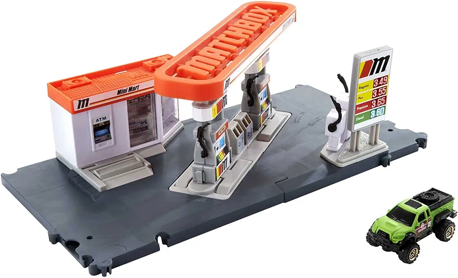 Matchbox Toy Cars Playset, Action Drivers Fuel Station & 1:64 Scale Toy Truck, Moveable Gas Hoses & Car-Activated Features