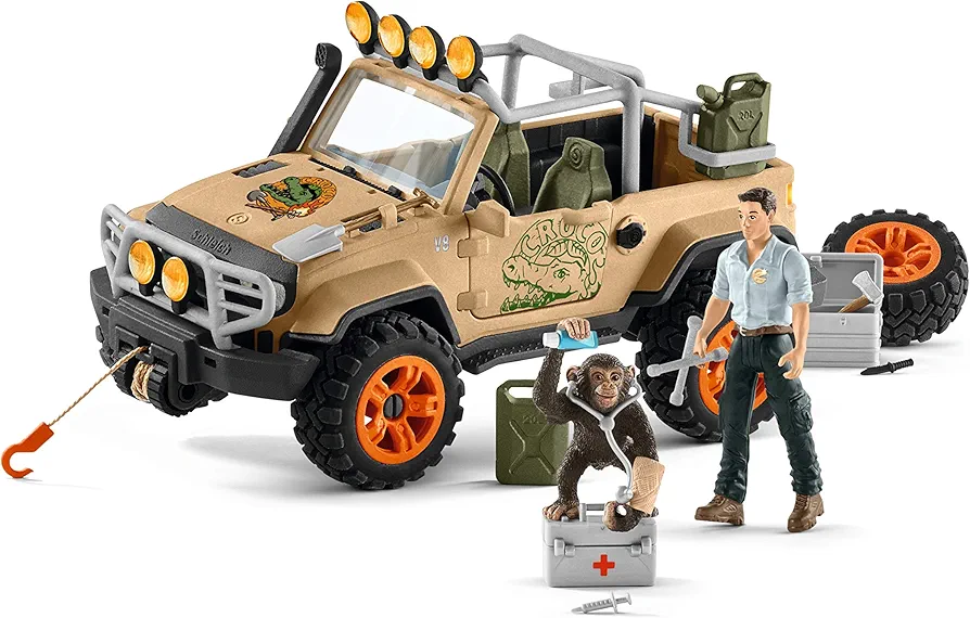 Schleich Wild Life Realistic Chimpanzee, Jeep Truck, and Ranger Figurine 16pc Playset - Wild Adventure Jeep Truck with Chimp, Ranger, and Accessories, Durable for Boys and Girls, Gift for Kids Ages 3+