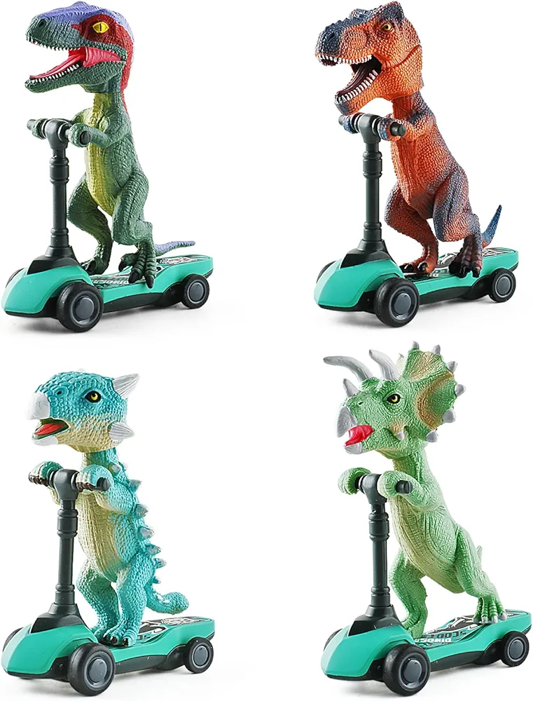 DINOBROS Dinosaur Scooter Toys Pull Back Cars Mini Finger Kick Scooters Boy Toy Age 3 4 5 6, Dino Gift Sets for Kids 4-Pack