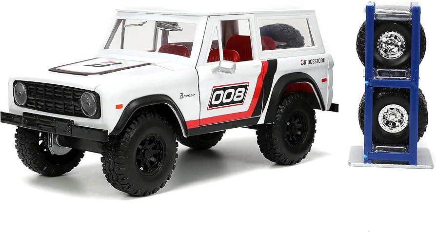 Just Trucks 1:24 1973 Ford Bronco Bridgestone Die-Cast Truck & Tire Rack, Toys for Kids and Adults(White/Red)