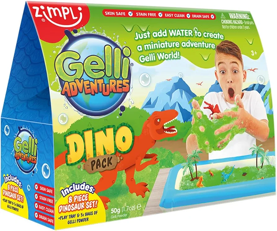 Gelli Adventures Dino Pack, 5 Use, 8 x Dinosaur Figures, Inflatable Tray, Imaginative Prehistoric Dinosaur Playset, Educational Science Kit for Boys and Girls, Children's Role Play Toy