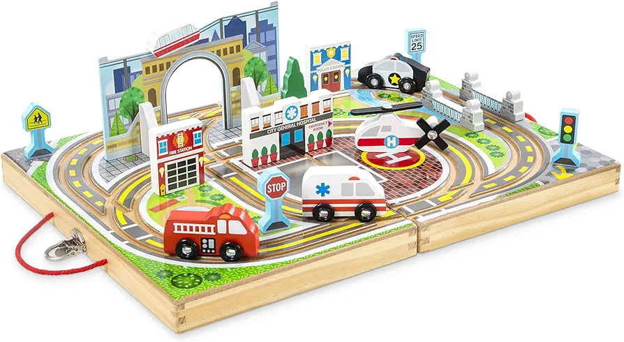 Melissa & Doug 18-Piece Wooden Take-Along Tabletop Town, 4 Rescue Vehicles, Play Pieces, Bridge , 15.4 x 11.0 x 2.6