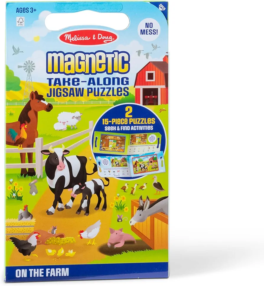 Melissa & Doug Take-Along Magnetic Jigsaw Puzzles Travel Toy On the Farm (2 15-Piece Puzzles) - FSC Certified