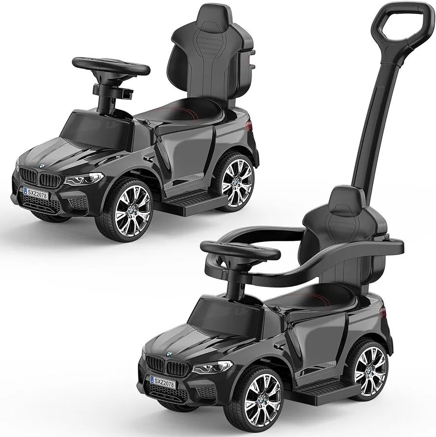 Push Cars for Toddlers 1-3 Boys Girls，4-in-1 Ride On Cars Licensed BMW with Horn, Music, Led Lights and Controllable Push Handle (Black)