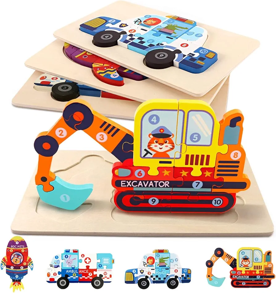 Wooden Puzzles for Toddlers 3-5 - Montessori Preschool Learning Simple Jigsaw Vehicle Puzzles for Toddler 1-3 2-4 Wood Car Truck Shape Puzzles for Toddler Sensory STEM Toys