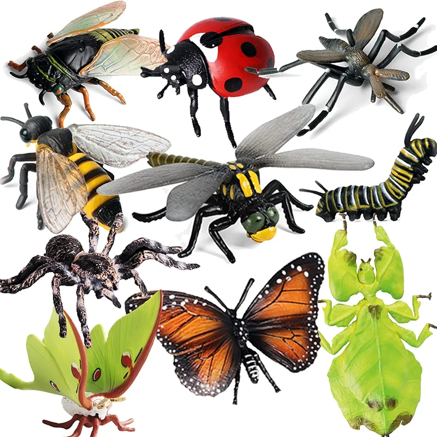 Gemini&Genius 10Pcs Bug Toys for Kids, Woodland Animals, Insect Figurines, Cicada, Ladybird, Mosquito, Bee, Dragonfly, Caterpillar, Spider, Butterfly, Phyllium, Samia Cynthia Animal Toy Gifts for Kids