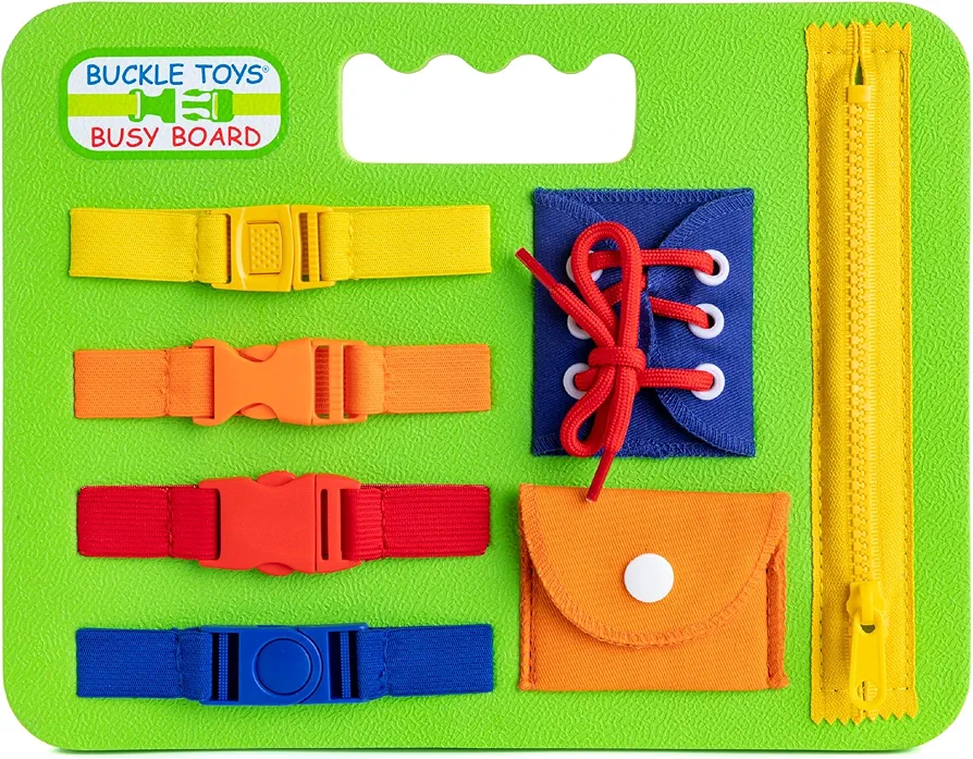 Buckle Toys Busy Board - Montessori Learning Toy for Toddlers Road Trip Essentials - Foam Sensory Board - Develop Fine Motor Skills - Green