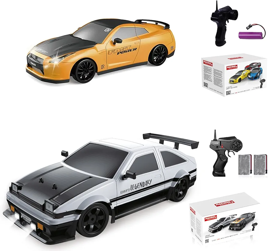 1:24 RC Drift Car 4WD 15KM/H + 1:16 RC Drift Car 4WD 18KM/H Speed Model Vehicle 2.4GHz with LED Lights Spray Rubber Tire Racing Sport Toy Car for Adults Boys Girls Kids Gift 2Pcs Rechargeable Batterie