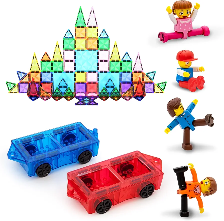 PicassoTiles 100PC Magnetic Mini Diamond Tiles + 2 Cars + 4PC Family Action Figures Bundle, Travel Size On-The-Go Magnet Construction Expansion Playset, STEAM Learning & Educational Toy Gift Idea