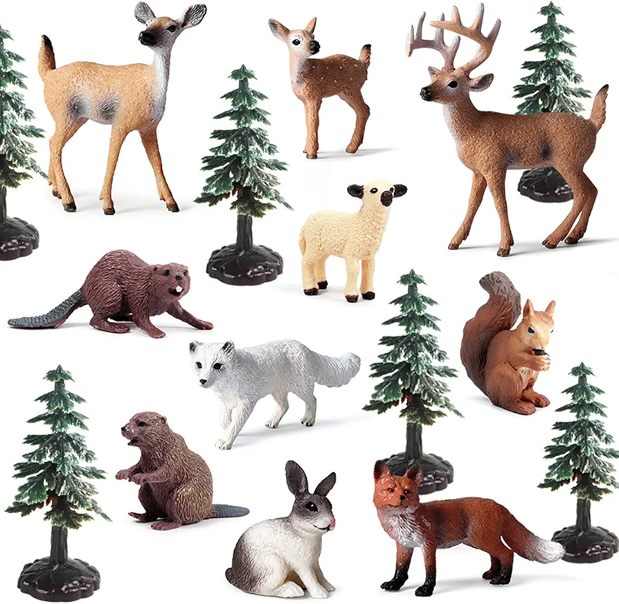 20PCS Plastic Forest Animals Figures, Realistic Woodland Creatures Figurines Miniature Toys Animal Tree Kit Wild Animal Toys Gift for Kids Toddlers, Party Favors Cake Topper Diorama Supplies