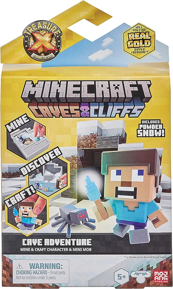 Treasure X Minecraft Caves & Cliffs Cave Adventure Pack. Mine, Discover & Craft with 16 Levels of Adventure, Mine & Craft Character & Mini Mob to Collect. Will You find The Real Gold Dipped Treasure?