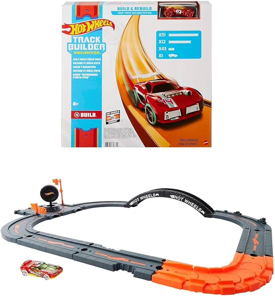 Bundle of Hot Wheels Track Builder Car & Mega Track Pack, 87 Component Parts for 40-ft of Track & 1:64 Scale Toy Car (Amazon Exclusive) + City Track Pack, 10 Component Parts, 1:64 Scale Vehicle