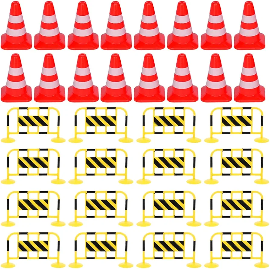 NUOBESTY Toys Traffic Cones Party Mini Traffic Road Cones Plastic Construction Road Cones Mini Roadblock Signs Road Sign Cones and Fences Playset, 32 Pieces Construction Toys Athletic Tape