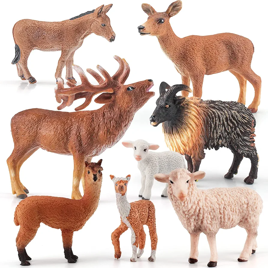 Jungle Forest Woodland Animals Figures Sets 8 PCS Realistic Sheep Donkey Alpaca Red Deer Figurine Toys Party Decorations Cake Decorating Supplies for Boys Girls Kids