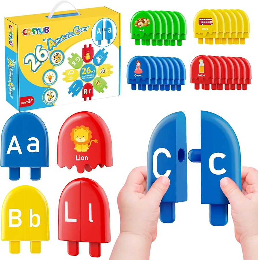 Alphabet Learning Toys Ice Cream ABC Letter Matching Toy Preschool Educational Montessori Toy Smart Color Sorting Kids Christmas Gift for Boys Girls Age 2 3 4 5+