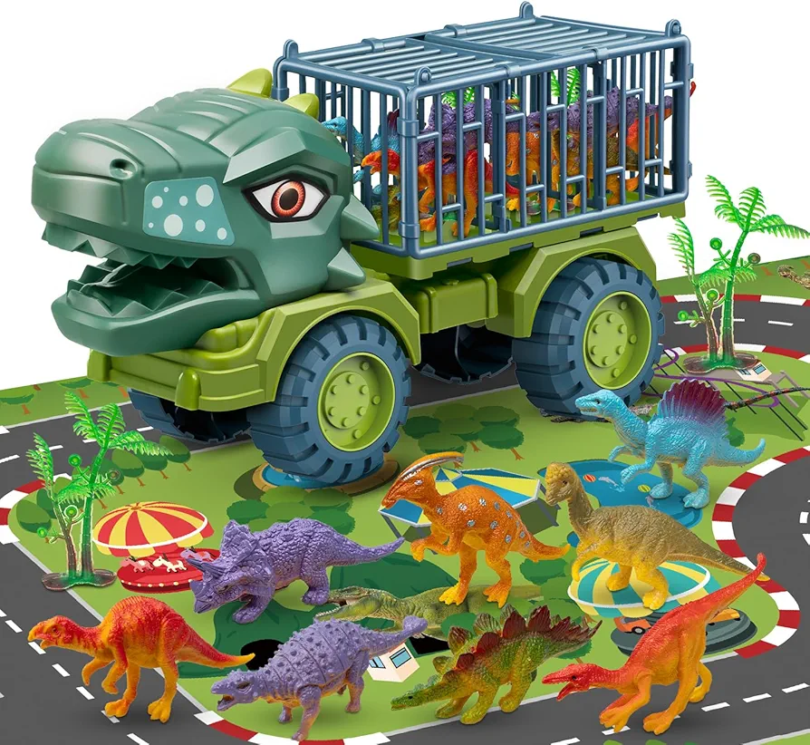 Dinosaur Truck Toys for Kids 3-5, Tyrannosaurus Transport Vehicle Carrier Car Toys with 8 Dino Figures, Dinosaur Playset Toys for 3 4 5 6 7 8 9 10 Years Old Boys Girls Kids Birthday Gifts