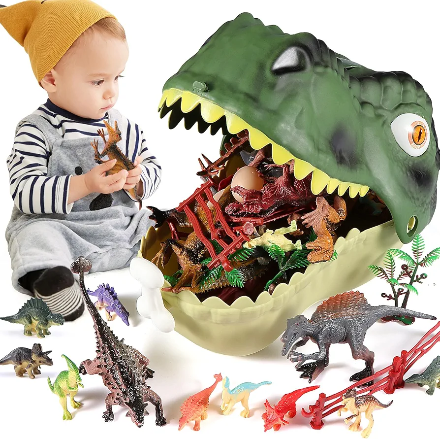 Dinosaur Toys for Kids 3-5 Years, 18 Pack Realistic Toy Dinosaur Figures and 20 Pack Accessories, Large Dinosaur Head Encased for Boys Girls & Dinosaur Lover