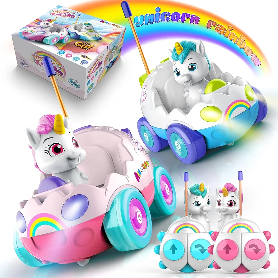 Remote Control Car for Toddlers, Toddler Toys for 18+Months RC Cars with LED Lights & Music, Unicorn Toys for Kids 2 3 4 5 Years Old, Birthday Gifts Toys for 3+ Year Old Girls Boys Toys-2 Pack