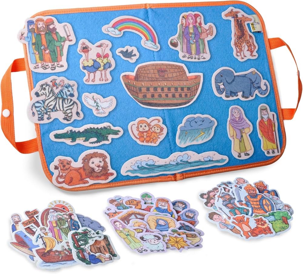 CHEFAN 4 Pack Felt Board Bible Stories Set, Flannel Board Stories Include Noah's Ark, Jonah and The Whale, David and Goliath, The Nativity of Jesus, 50 pcs Precut Flannel Graph Bible Toys for Kids