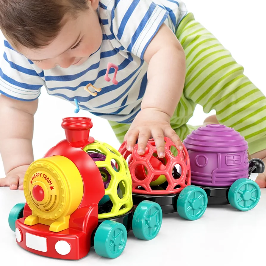 MOONTOY Baby Cars Toys for Babies 6-12 Months, Infant Toys Train Baby Boy Toys Soft Cars Ball Rattle Musical Toddler Push and Go Truck for 1 2 Year Old, Development Gift for 7 8 9 10 18 Month Boy Girl