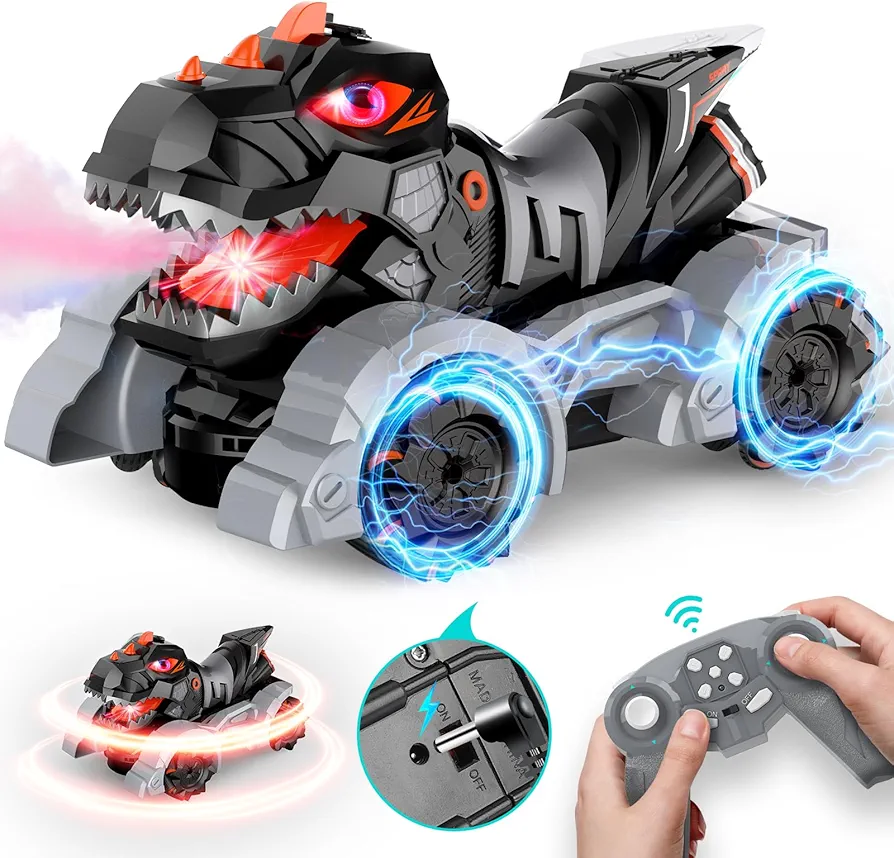 RC Cars Dinosaur Toys, 1:14 2.4 GHz Remote Control Car Monster Trucks With Light Music & Spray, 1200mAh Rechargeable RC Trucks Dinosaur Toys for Kids 5-7 8-12, Chrismas Gifts for Boys Kids (Black)