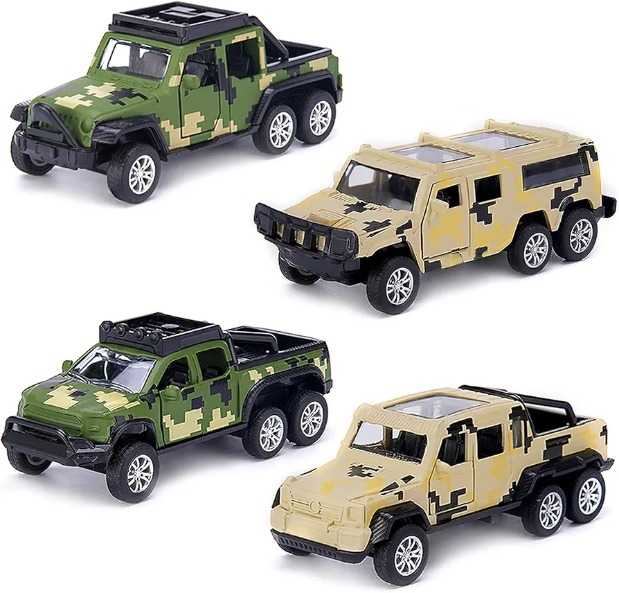 Diecast Military Vehicle Truck Set, 4 Pack Pull Back Metal Army Model Cars Toy, Off Road Car Playsets Birthday Gifts Party Favors for Boys Kids Ages 3+(Camouflage)