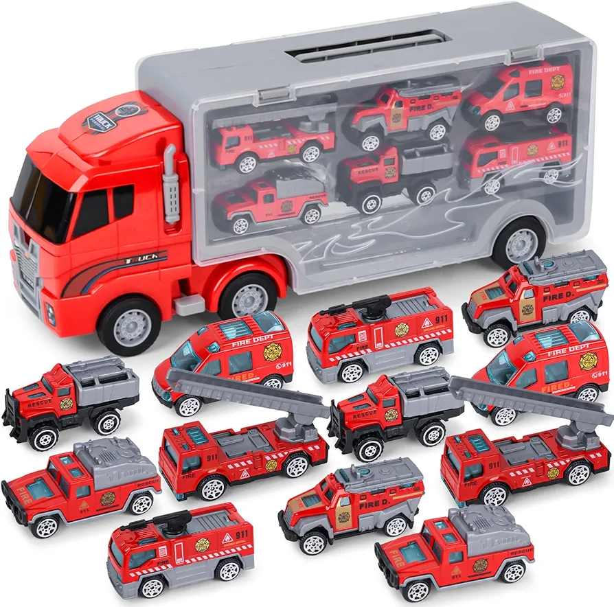 AMOR PRESENT 21PCS Fire Truck Toy Set, Red Carrier Fire Truck with Small Rescue Toy Cars Firemen Figures for Kids Birthday Present