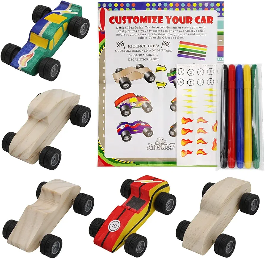 Attatoy DIY Craft Wood Car Kit (5-Pack); Unfinished Mini Wooden Race Car Craft Project for Kids