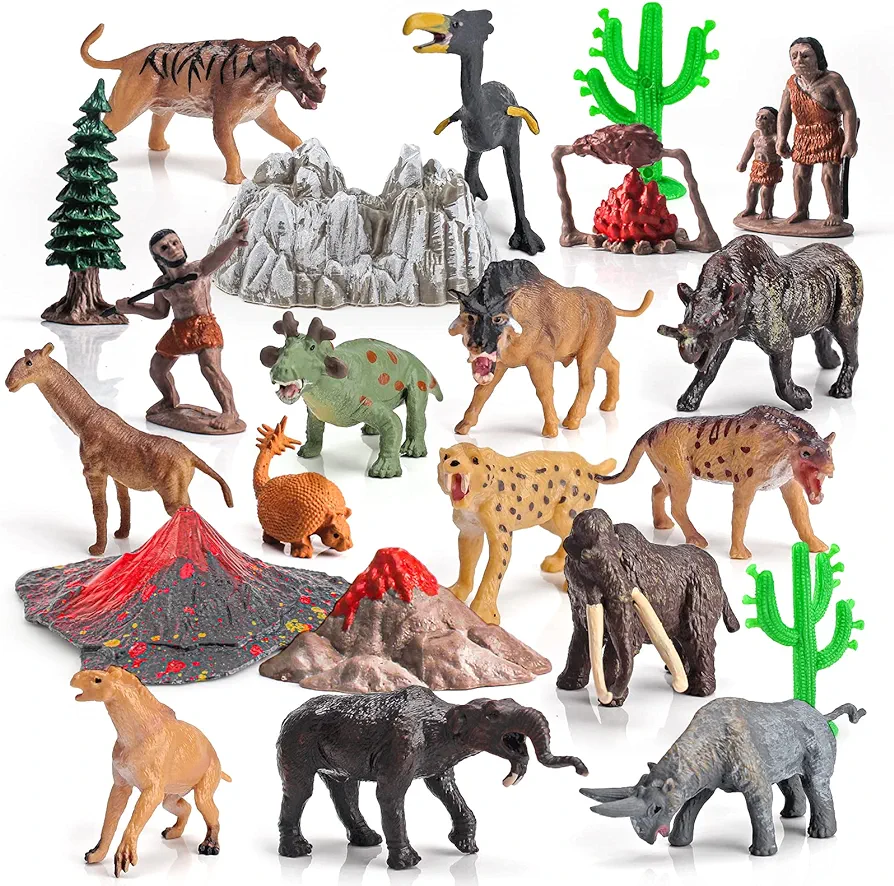 Volcano Prehistoric Mammals Toys Playset 22PCS Prehistoric Toy Playset Realistic Animals Figures Caveman Toys Cake Topper Educational Project for Toddlers