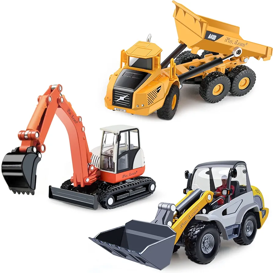 iPlay, iLearn Heavy Duty Construction Site Playset, Metal Dump Truck, Excavator Digger Backhoe, Tractor Bulldozer Diecast Vehicle, Outdoor Sandbox Car Toy, Birthday Gift 3 4 5 Year Old Boy Kid Toddler