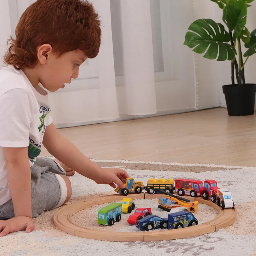 12pcs Wooden Train Cars, Wooden Magnetic Train Car Track, Wooden Car Toys Set for Toddlers and Kids 3+