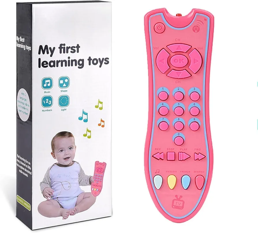 TV Remote Control Toy(Pink), Musical Play with Light and Sound for 12 Months+ Toddlers Boys or Girls Preschool Education, 3 Language Modes: English, French and Spanish