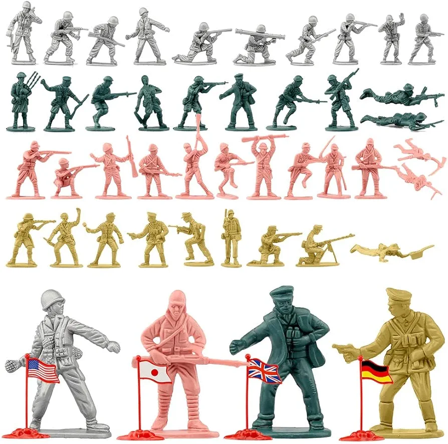 ViiKONDO Army Men Toy Action Figure 100pcs WWII US UK Japan German Soldier Figurine Military Playset 4 Flags Warfare Battlefield Game Gift for Kids