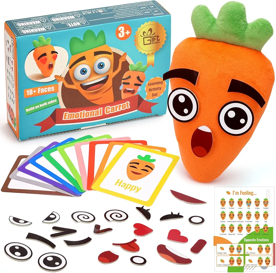 Social Emotional Learning Toys - Big Feelings Carrot Social Emotional Games for Kids - 26 Facial Expressions, 10 Educational Flashcard - Preschool Learning Activities Birthday for Kid 3-6