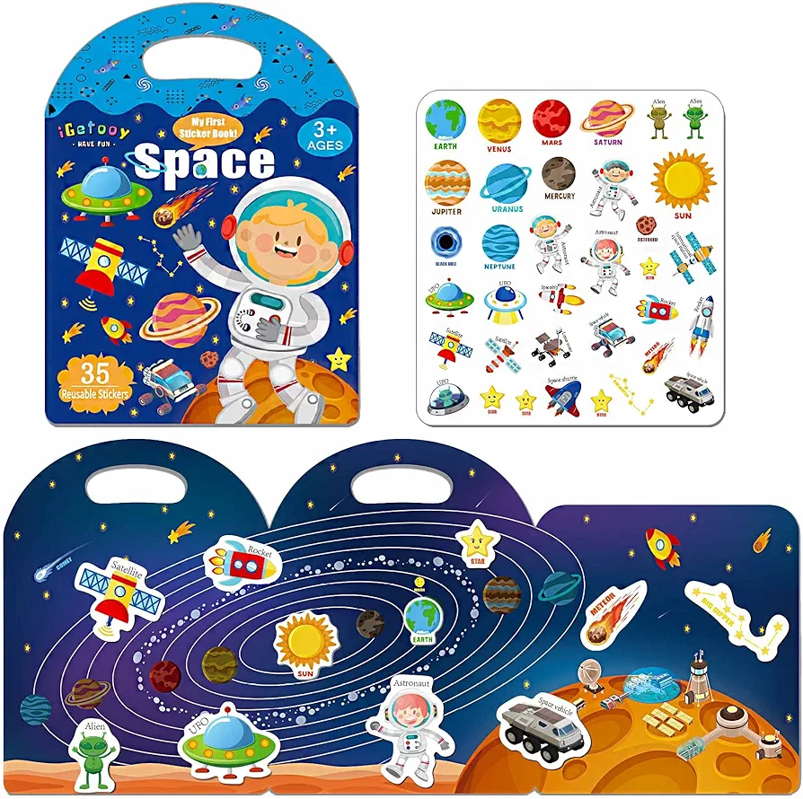 Reusable Sticker Books for Kids, Jelly Quiet Book, Preschool Learning Activities Busy Book for Toddler Travel Toys Waterproof Stickers for Kids 2 3 4 5 6 Year Old Girls Boys (Space)