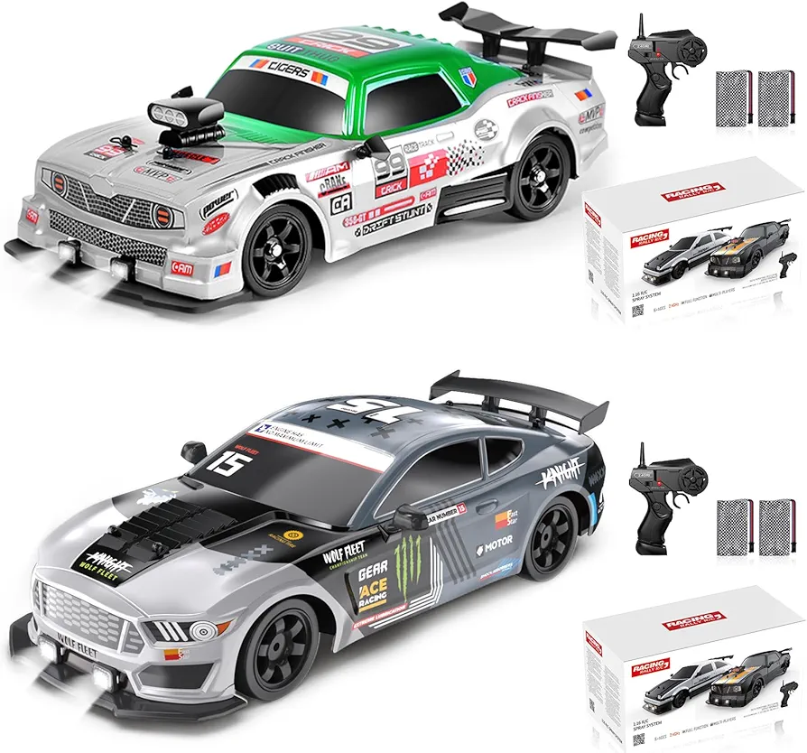 2PCS Remote Control Car RC Drift Car 1:16 Scale 4WD 18KM/H High Speed Model Vehicle 2.4GHz with LED Lights Spray Rubber Tire Racing Sport Toy Car for Adults Boys Girls Kids Gift 2Pcs Rechargeable Batt