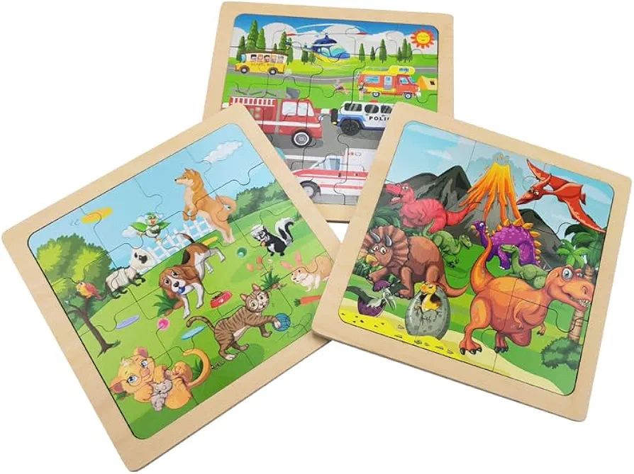 Wooden Jigsaw Puzzle Set of 3 pcs, Dino Pets Vehicles Level up Puzzles Difficulty from 9 pcs to 16 pcs 25 pcs Educational Preschool Toys Gifts